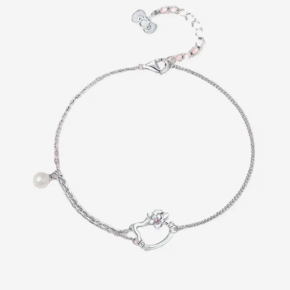 Girl's Hello Kitty Bracelet Silver with Pearl and Bow Accent Adjustable Small